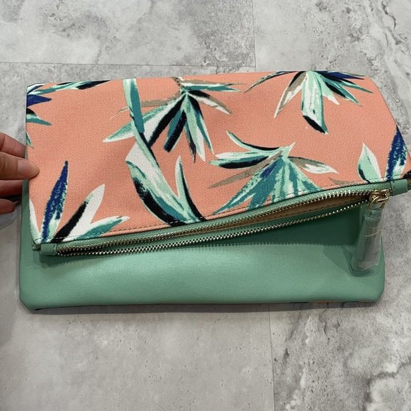 Rachel Pally Reversible Foldable Clutch Bag Paradise Print NWOT12X10 Aqua‎ Pink - Picture 1 of 5